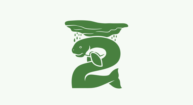 Green stylized number two with fish and rain design.
