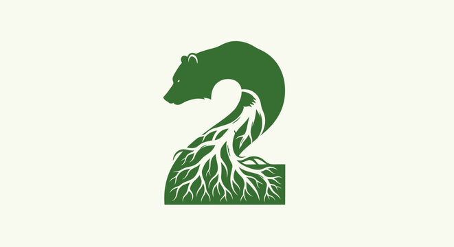 Green bear head number two with roots design.