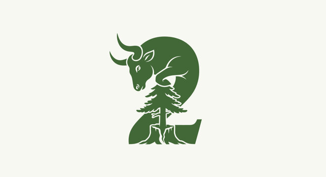 Green bull head silhouette with forest and moon design.