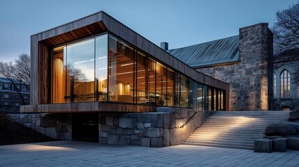 Fototapeta premium Modern architectural building with glass and wood facade
