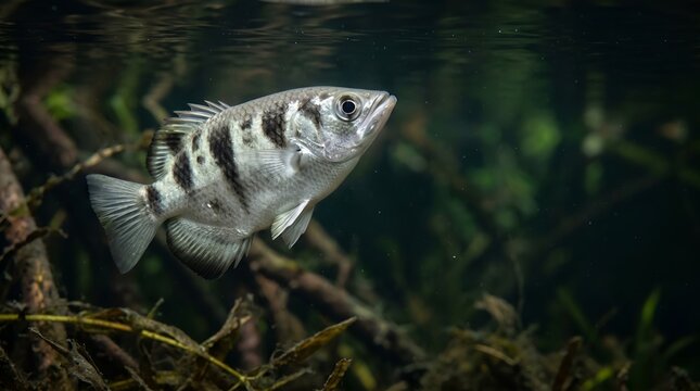 Banded Archerfish Swimming in Dark Mangrove Roots.