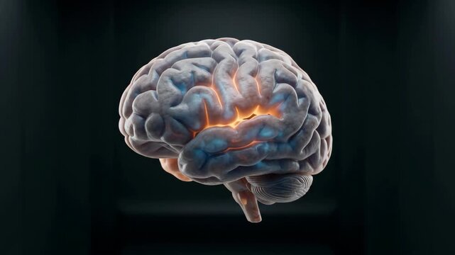 Neural activity glowing inside a human brain model on dark background