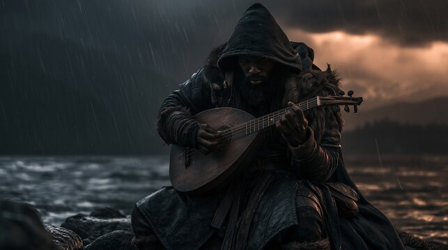 Europe medieval lifestyle. A moody, atmospheric portrayal of a solitary figure seated on a rocky shore, playing a lute. The figure wears a hooded cloak with fur lining, and their attire is dark.