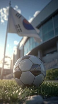 Close-up of a soccer ball on grass with a waving South Korean flag and modern building in the background.