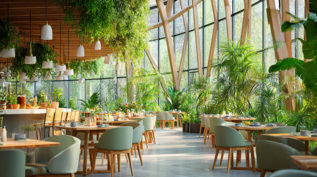 Biophilic interior design with natural light and green plants creates relaxing and fresh atmosphere in this modern dining space