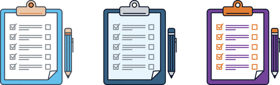 Checklist icons set three colorful clipboards with completed and unchecked tasks