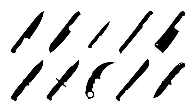 Set of Various Sharp Kitchen and Tactical Knife Silhouettes for Design Projects