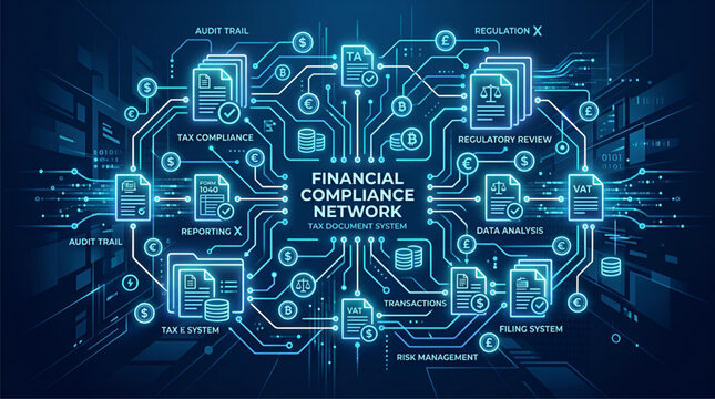 Digital financial compliance network connecting documents with glowing circuits and currency symbols
