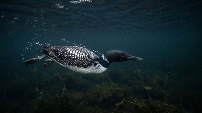 Common Loon Swimming Underwater in a Deep Lake.