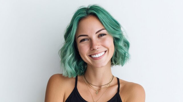 Young woman with vibrant teal hair smiling confidently against a plain white background