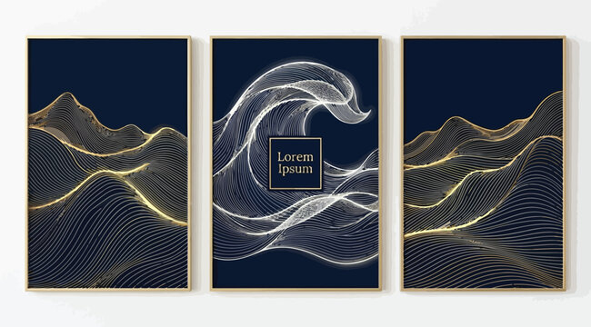 Triptych set of abstract wall art with golden mountains and ocean waves on dark blue background