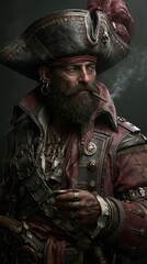 Fototapeta premium Europe medieval lifestyle. A detailed digital artwork depicts a man in a pirate costume. He wears a tricorn hat with a red feather, a leather jacket with intricate metalwork, and a red bandana.