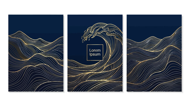 Triptych set of abstract wall art with golden mountains and ocean waves on dark blue background