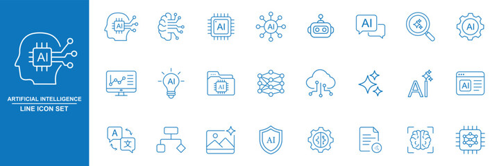 Generative AI line icon set featuring artificial intelligence, machine learning, chatbot, neural network, creativity, robot, and automation. Professional editable vector illustration © Hike Studio 2