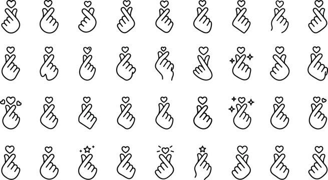 Korean Finger Heart Hand Gesture Line Icon Vector Set with Small Hearts for Kpop Fans Social Media Messages and Romantic Greeting Designs