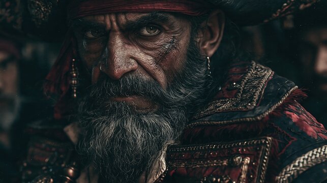 Europe medieval lifestyle. A closeup portrait of an elderly man with a long, gray beard and mustache. He wears a richly decorated red and gold outfit with intricate patterns and designs.