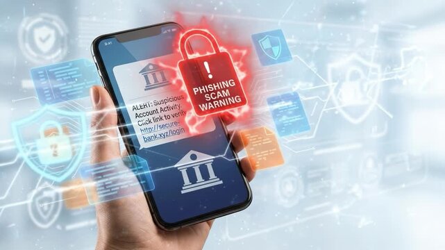 Phishing scam warning alert smartphone screen showing suspicious account activity message with digital security icons, hand holding mobile device, cybercrime protection, and online data security