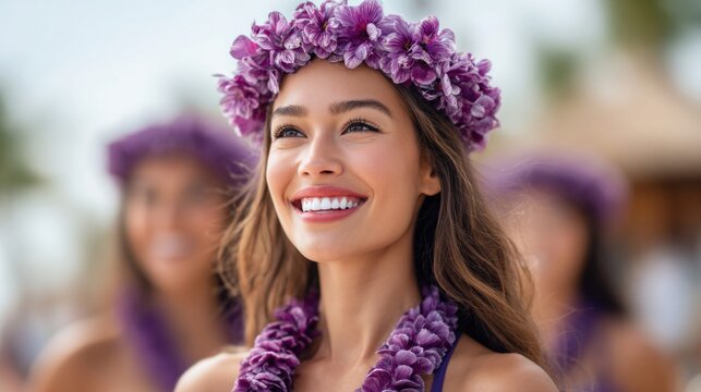 Smiling woman wearing a purple flower lei and crown at a luau celebration