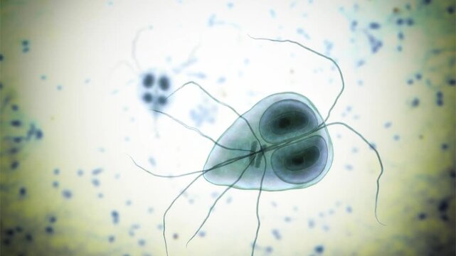 Giardia lamblia trophozoites, 3D animation showing slowly rotating flagellated protozoa, illustrating intestinal parasitic infection and giardiasis.