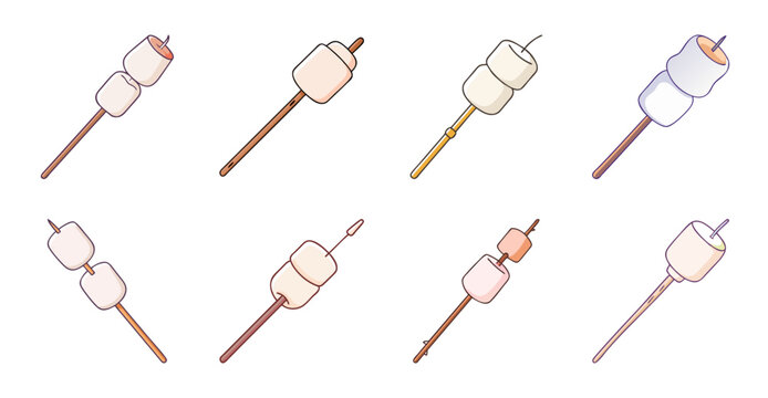 Flat design marshmallow toasted on skewers - Colorful flat icons of toasted marshmallows on wooden skewers in a simple and clean design style.