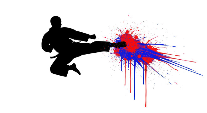 Martial artist performing a jump kick with vibrant paint splash impact