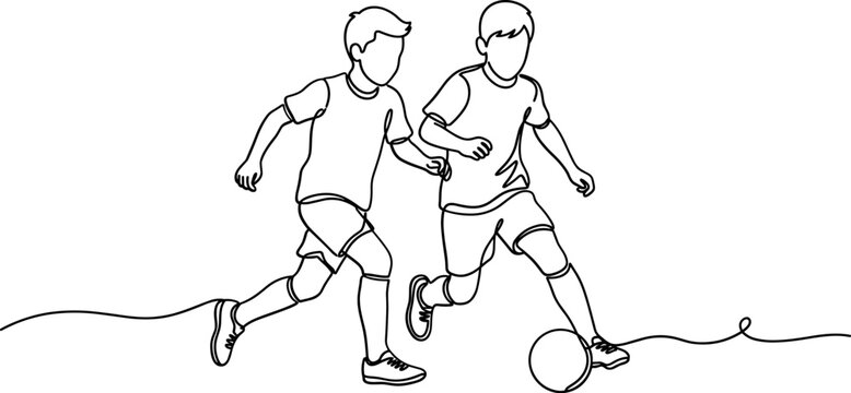 Continuous one line drawing of two boys playing soccer together.