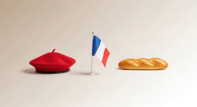 A red beret, a small french flag, and a baguette arranged in a row on a light background, representing french culture and stereotypes