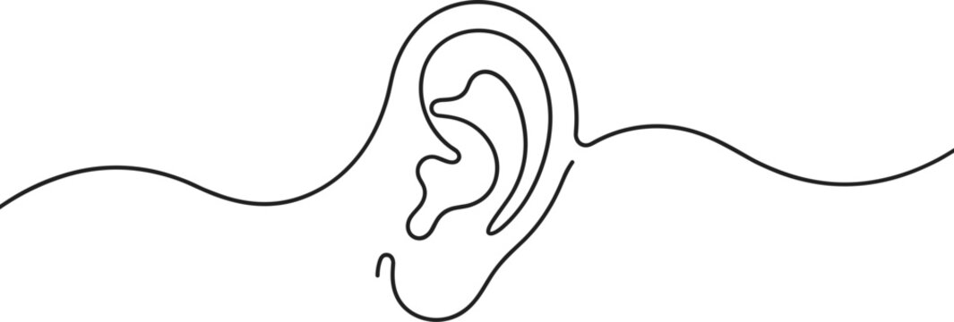 Minimalist continuous line drawing of a human ear.