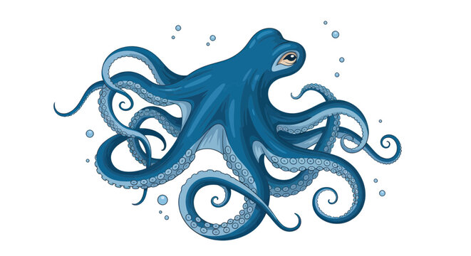 Majestic blue octopus swimming with long curled tentacles