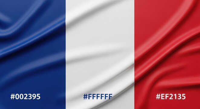 Waving flag of france with a silky texture and official color codes the french national flag features three vertical stripes of blue, white, and red