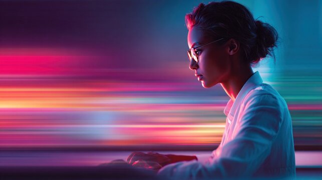 Young woman in glasses working on computer with vibrant neon light streaks in background