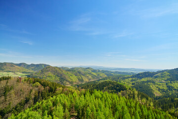 Fototapeta premium Green mountain landscape with forested hills and valley under clear blue sky. Concept of nature travel, outdoor recreation and environment.