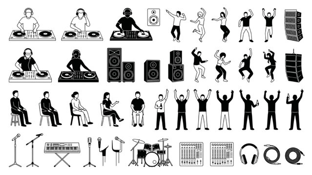A collection of black and white illustrations depicting various elements of a music event, including DJs, dancing people, musical instruments, and sound equipment