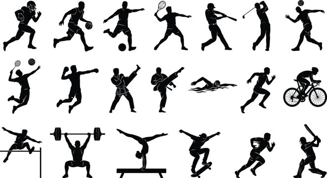 Sports Athlete Silhouette Vector Set with Black and White Figures for Football Soccer Tennis Gym Running Swimming and Olympic Athletic Graphic Designs