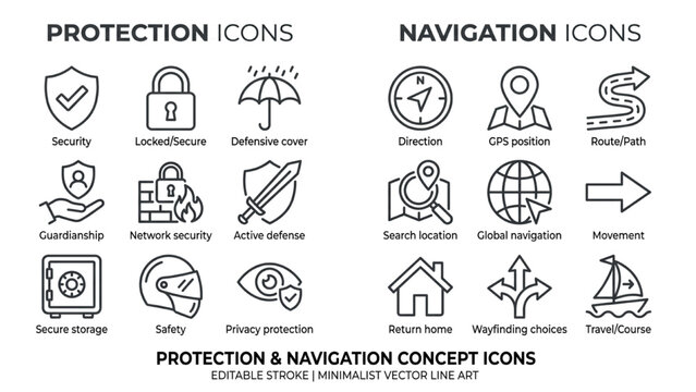 A set of minimalist line icons representing security, protection, and navigation. The icons are arranged in two columns with titles Protection Icons and Navigation Icons.