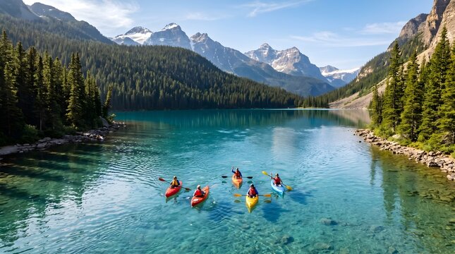 Group kayaking in a crystal blue mountain lake with snow capped peaks and pine forest