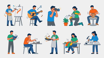 Fototapeta premium A set of people engaging in various hobbies and creative activities at home and outdoors