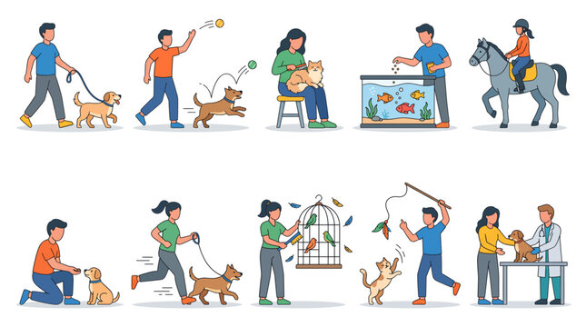 People are shown taking care of their dog set in various fun and playful scenarios.
