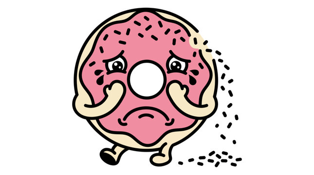 Whimsical illustration of a sad pink donut crying, feeling sweet food regret and diet struggles