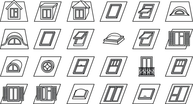 Architectural Window and Roof Skylight Line Icon Set Featuring Dormers Shutters and Attic Glass Panels for House Construction Design Vector Illustration