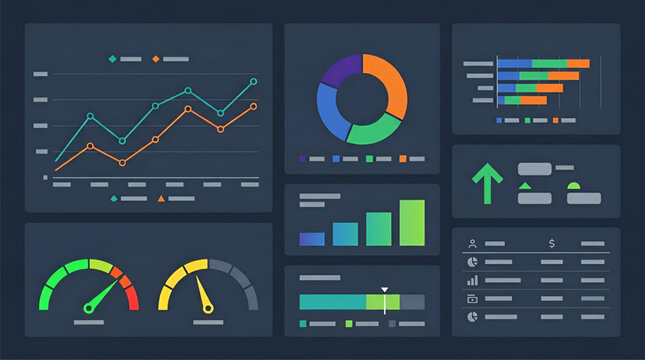 Digital dashboard analytics with charts and graphs on dark background