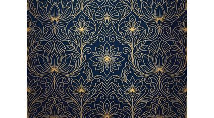 Seamless damask pattern with gold floral motifs on dark navy blue background © Saharia