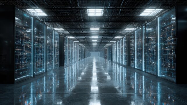 cyberpunk inspired yet clean modern data center, transparent server walls, glowing fiber optic cables, glossy black floor, cinematic wide angle shot
