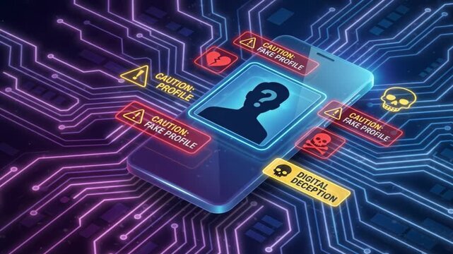 Fake profile digital deception caution warning smartphone technology cybersecurity internet security online identity digital threat cybercrime data protection network hacker phishing identity alert