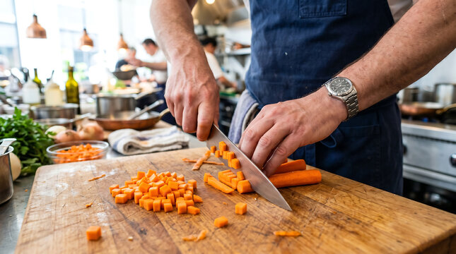 close up of professional chef hands slicing fresh carrots into small cubes on wooden cutting board in commercial restaurant kitchen selective focus