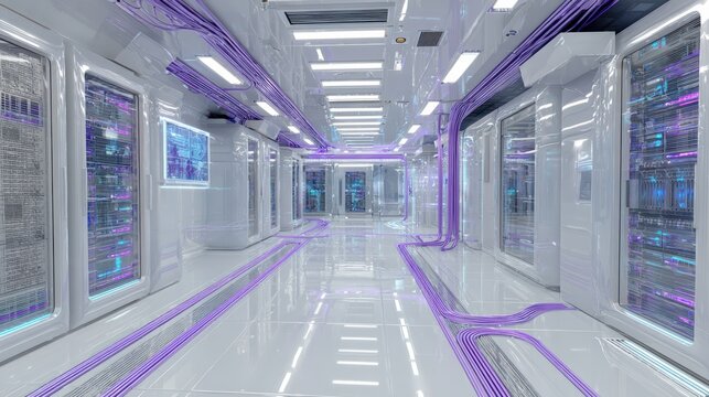 futuristic server room with transparent OLED displays, white glossy surfaces, subtle purple and blue LED accents, pristine organized cables, ultra detailed realism