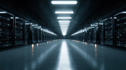 Fototapeta premium high tech underground data vault, modern minimal style, cool neon lighting, perfectly aligned servers, reflective floor, cinematic ultra realistic detail