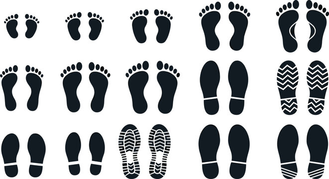 Black Silhouette Footprint and Shoe Print Icon Set with Bare Foot Baby and Shoe Sole Designs for Walking Track and Human Step Projects