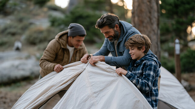 Combat veteran and his teenage son set up a tent together at a state park campsite, working in quiet parallel with easy coordination, a nearby trail marker visible through the
