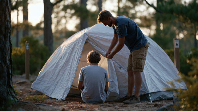 Combat veteran and his teenage son set up a tent together at a state park campsite, working in quiet parallel with easy coordination, a nearby trail marker visible through the